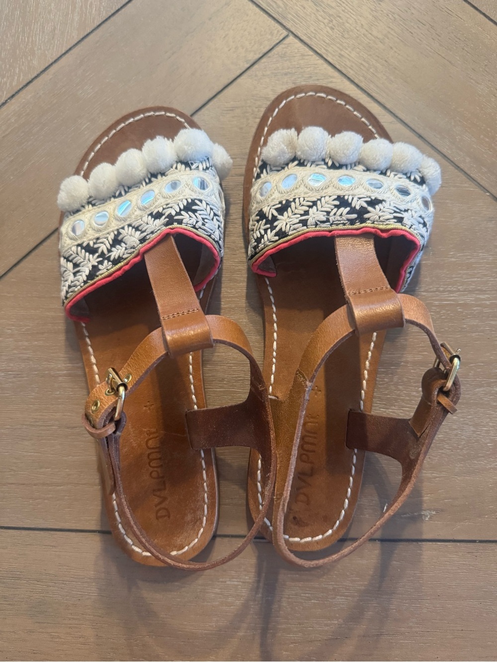 Anthropologie DVLPMNT Brown Genuine Leather Pom-Pom & Embroidered Sandals - Picture 9 of 14